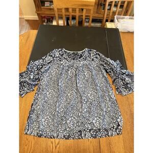 Suzanne Betro Blue White Floral Lace Ruffle Sleeve Blouse XL